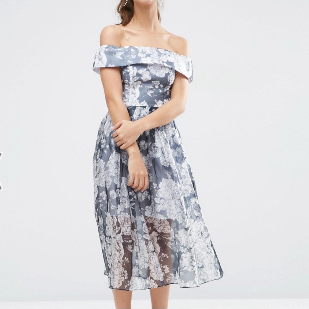 ASOS PETITE Gray Floral Bardot Organza Midi Dress